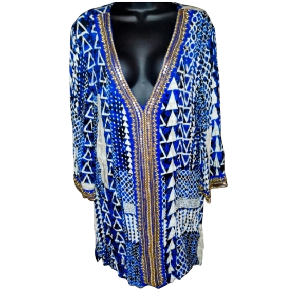 mira Tops - Mira tunic blue and taupe, metal embellishments v neck size xl